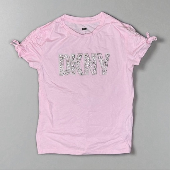 DKNY Pink with Silver Metal Stud Tee, Gathered Sleeve, Girls 12 - Picture 1 of 5